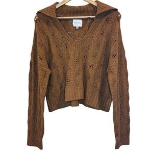 Pink Rose Brown Eyelet Cable Knit Cropped Sweater Size L